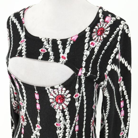 Cache Sweater Womens Medium Black Pink Low Cut Out Jewelry Print Pullover - Picture 8 of 11